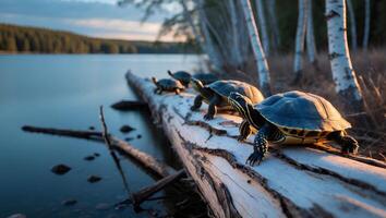 Turtles Resting on Log Near Water at Sunset with Forest Background photo