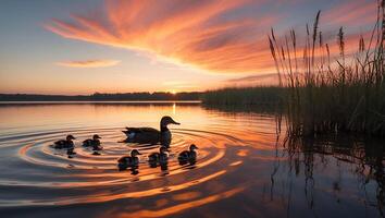 Ducks Swim in Lake at Sunset with Vibrant Sky and Water photo