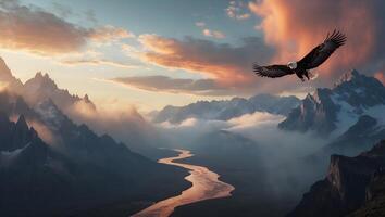 Eagle Soaring Over Mountain River Valley at Sunset with Cloudscape photo