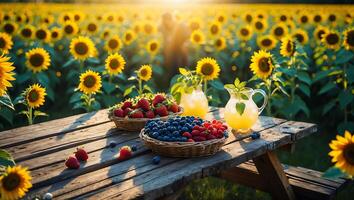 Picnic Table with Berries and Lemonade in a Sunflower Field photo