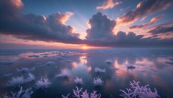 Icy Landscape at Dusk Reflects a Colorful Sky with Glowing Light photo