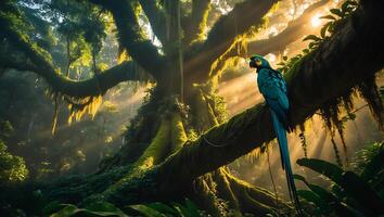 Perched Macaw in Jungle Sunlight on Tree Branch Serene Tropical Scene photo