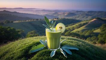 Green Smoothie with Apple Slice Over Scenic Hilly Landscape at Sunrise photo