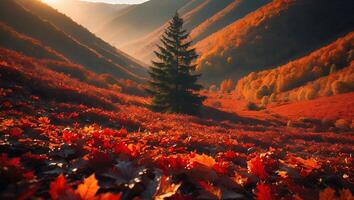 Autumn Mountain Valley with Coniferous Tree and Colorful Fallen Leaves photo