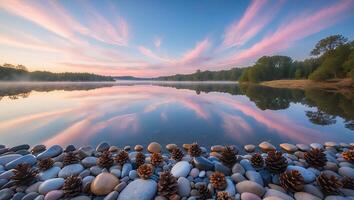 Reflecting Lake at Sunrise with Smooth Stones and Pine Cones photo