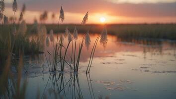 Marsh Grass Reflecting Sunset Colors in Calm Water at Golden Hour photo