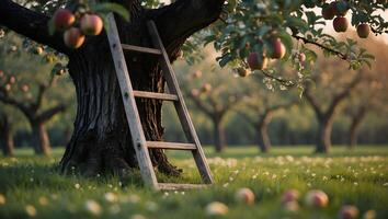 Harvesting Apples in the Orchard with Wooden Ladder on Sunny Day photo
