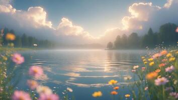 Lake Reflecting Clouds with Flowers in Foreground Tranquil Summer Scene photo