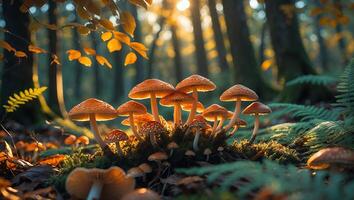 Mushroom Cluster Growing in Forest with Ferns and Sunlight photo