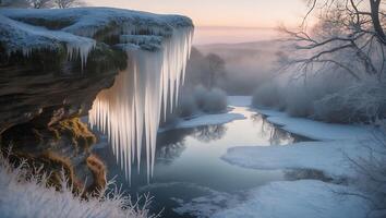 Icicles Hanging From Cliffside Above Frozen River in Winter Landscape photo