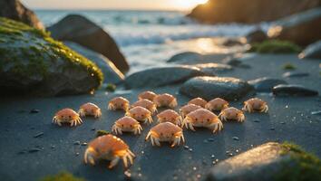 Crabs Gathering on the Beach Shoreline During Sunset with Ocean View photo