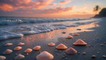 Seashells on Beach at Sunset with Ocean Waves and Colorful Sky photo
