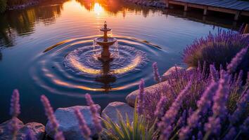 Fountain Water Feature Creating Ripples on a Pond at Sunset photo