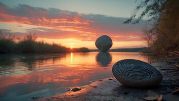 Pebble on Shoreline Reflecting Sunset Colors Along Calm River photo