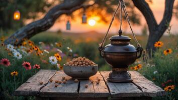 Nuts in Bowl with Metal Pot on Table at Sunset photo