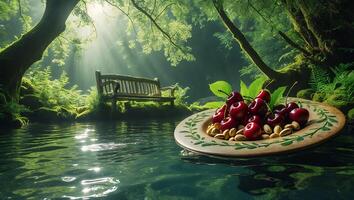 Cherries and Pistachios on Plate Floating in Forest Stream photo