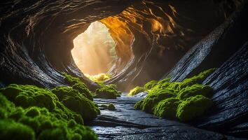 Entering Cave with Moss and Sunlit Opening Creates Mystical Atmosphere photo