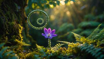 Purple Flower Bloom with Spiral Vine in Forest Sunlight Scene photo