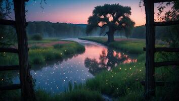 Tranquil River Flowing Through Meadow at Dusk with Fireflies photo