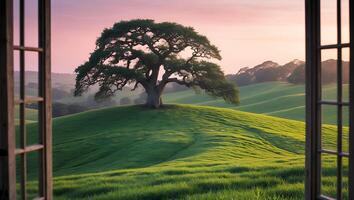 Viewing Open Window to Tranquil Green Field with Single Tree photo