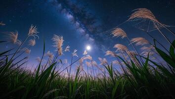 Tall Grass Silhouettes Under Milky Way and Moonlit Sky Scene photo