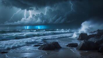 Stormy Ocean Scene with Lightning and Dark Clouds Over the Sea photo