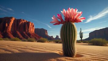 Flowering Cactus in Desert Landscape with Blue Sky and Sand photo