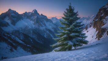Snow Covered Pine Tree in a Mountain Landscape at Winter Sunset photo
