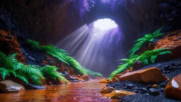 Sunlight Streaming Into Cave with Ferns and Water Flowing photo