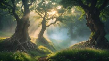 Walking Path Through Mysterious Forest with Fog and Sunlight Streaming photo