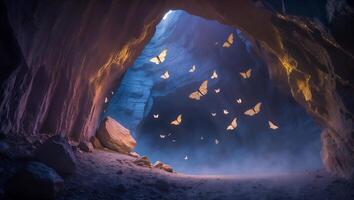 Butterflies Fly in Rock Cave with Light Coming From Above photo