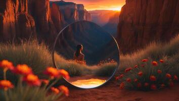 Woman Gazing at Desert Canyon Reflection in Mirror at Sunset photo