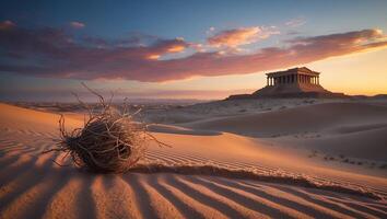 Rolling Tumbleweed in Desert Landscape with Temple at Sunrise photo