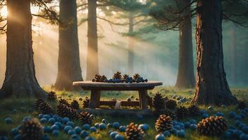 Rustic Table in Forest Filled with Pine Cones and Blueberries photo