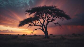 Lone Tree Standing Silhouetted in Dramatic Sunset Over African Savanna photo