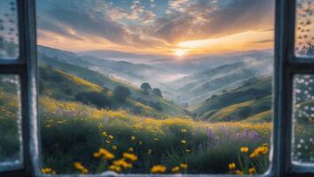 Viewing Field of Flowers at Sunrise Through Open Window Serenity photo
