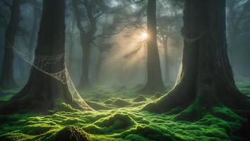Walking Through a Forest with Mossy Ground and Sunlight photo