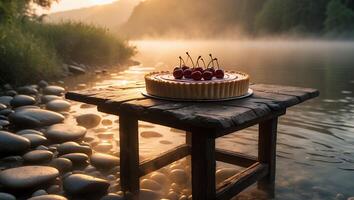 Cherry Tart on Rustic Table by Water with Foggy Sunrise photo