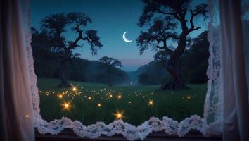 Looking Out Window at Meadow with Trees Under Moonlit Sky photo