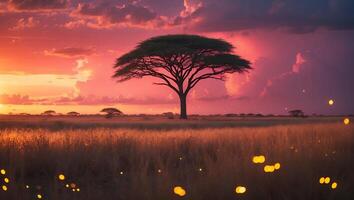 Lone Tree Silhouette on Open Field at Sunset with Dramatic Sky photo