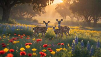 Deer Family Standing in Wildflower Field at Sunrise Nature Scene photo