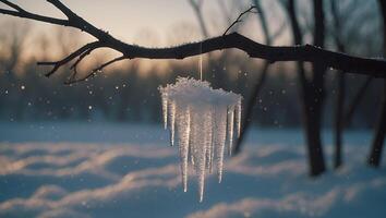 Hanging Icicles on Branch Sparkling in Winter Sunlight Over Snowy Ground photo