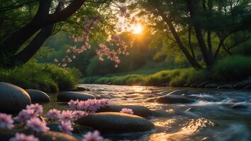 Flowing River with Pink Blossoms and Sunlight Through Trees Landscape photo