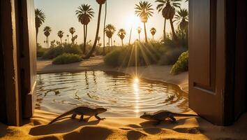 Lizards by Pond at Desert Oasis Viewed Through Open Door photo