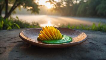 Arranged Mango Slices on Plate with Green Sauce at Sunrise photo