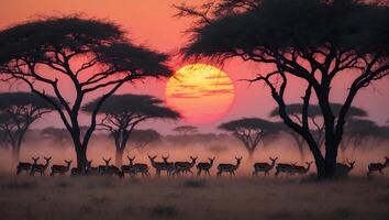 Herd of Antelope Walking at Sunset Through African Savanna Landscape photo