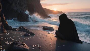 Person Meditating on Beach at Sunset with Waves and Coastal Rocks photo