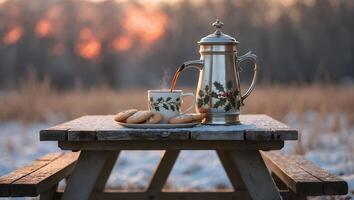 Pouring Warm Drink Into Cup with Cookies on Snowy Table photo