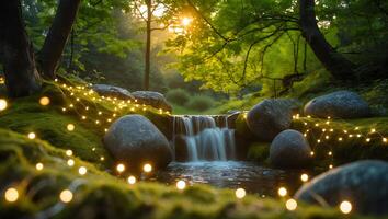 Waterfall Flowing Through Mossy Rocks with String Lights in Forest photo