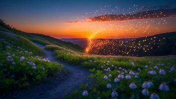 Hiking Path Through Meadow with Flowers Leading to Vivid Sunset photo